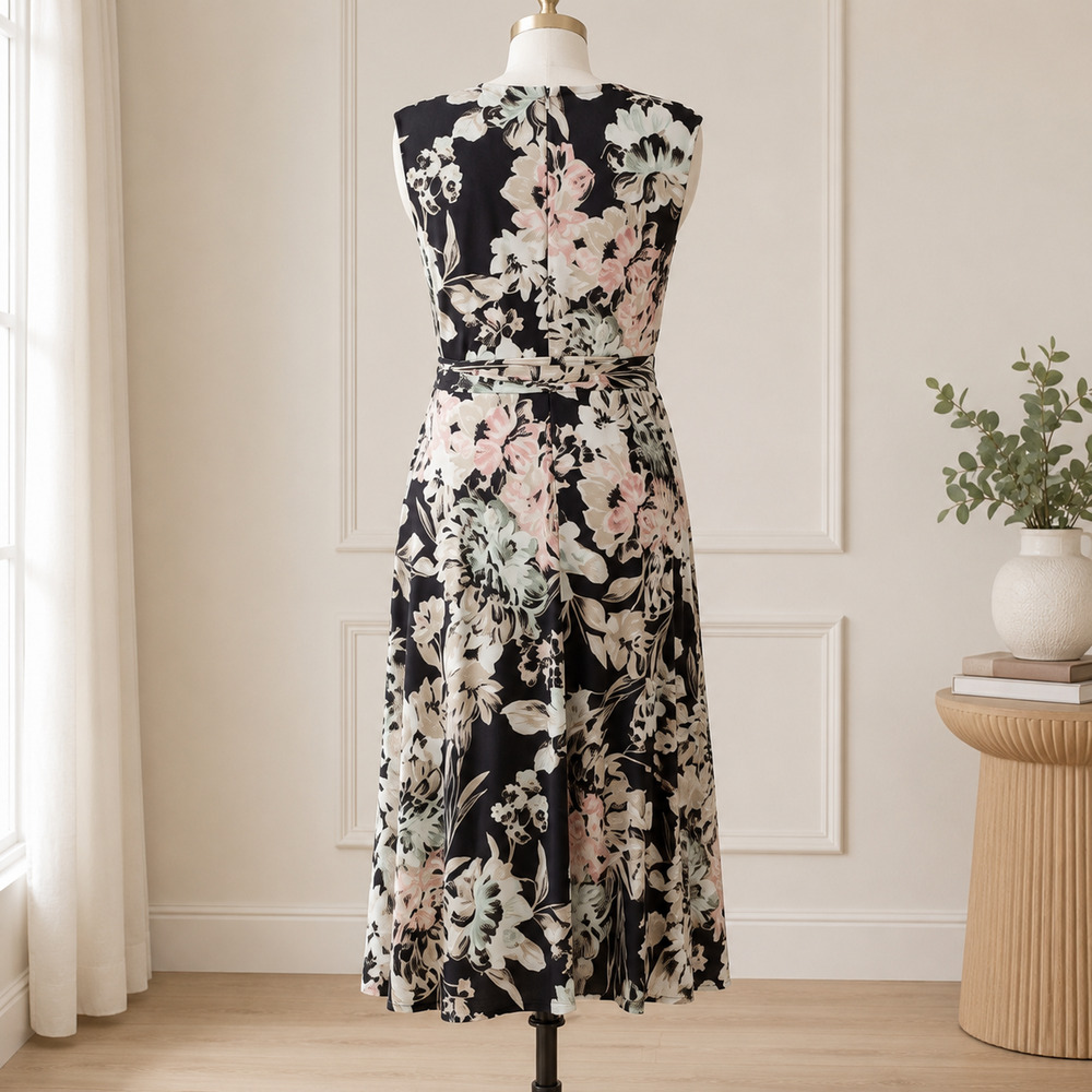 NWT Kasper Floral Pleated Neck Keyhole Midi Dress Size 16 Black Multi - Picture 3 of 7